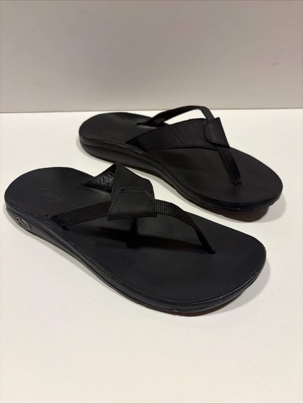 Chaco Black Leather & Webbing Thong Sandals